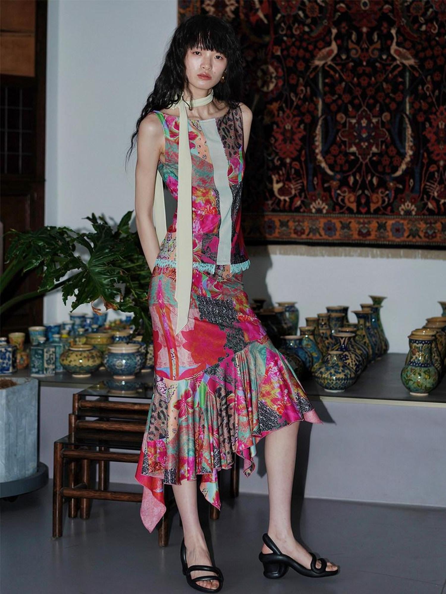 badtaste Printed New Chinese Patchwork Vest Women's Matching Skirt Sets