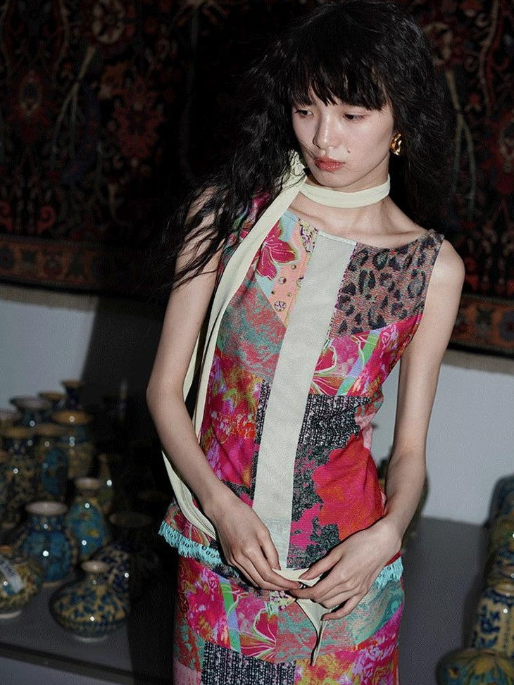 badtaste Printed New Chinese Patchwork Vest Women's Matching Skirt Sets