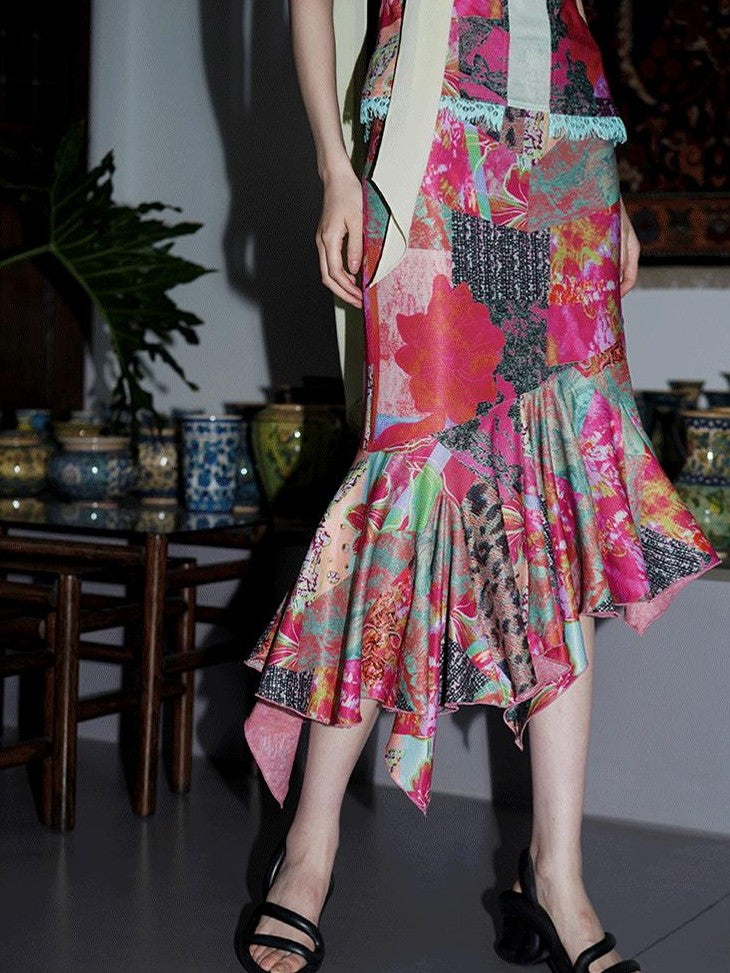 badtaste Printed New Chinese Patchwork Vest Women's Matching Skirt Sets