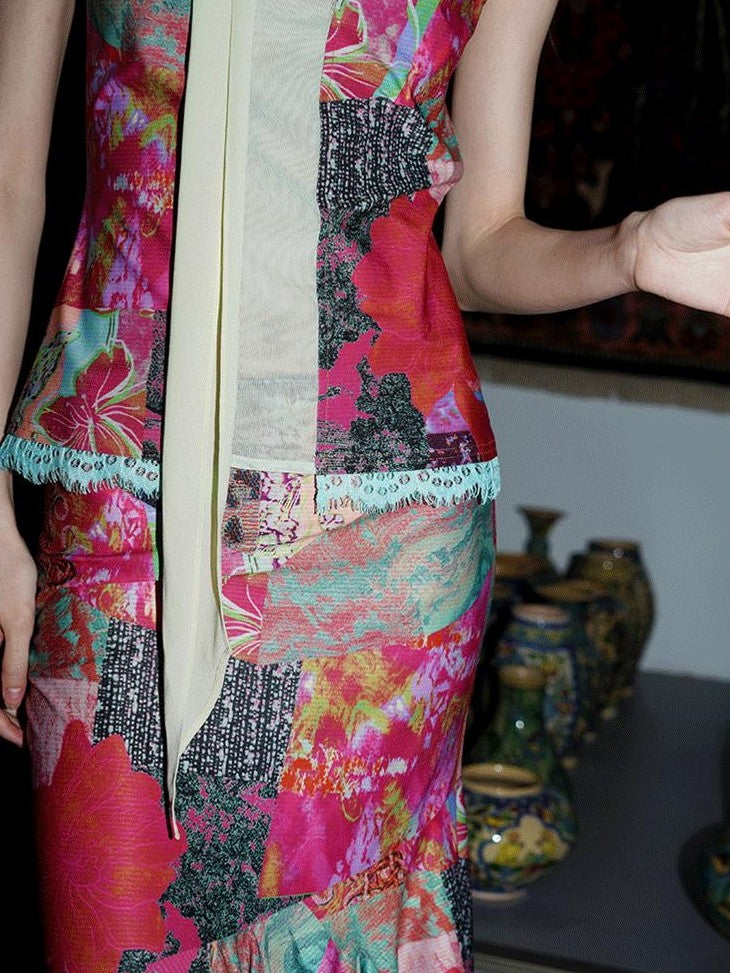 badtaste Printed New Chinese Patchwork Vest Women's Matching Skirt Sets