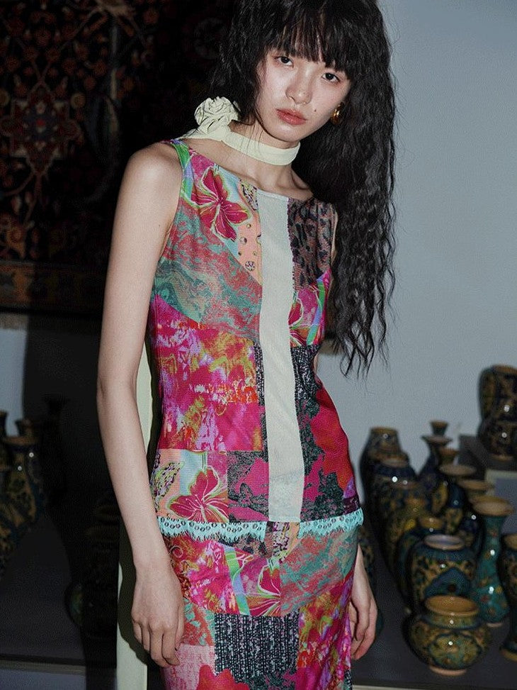 badtaste Printed New Chinese Patchwork Vest Women's Matching Skirt Sets