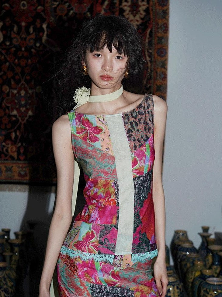 badtaste Printed New Chinese Patchwork Vest Women's Matching Skirt Sets