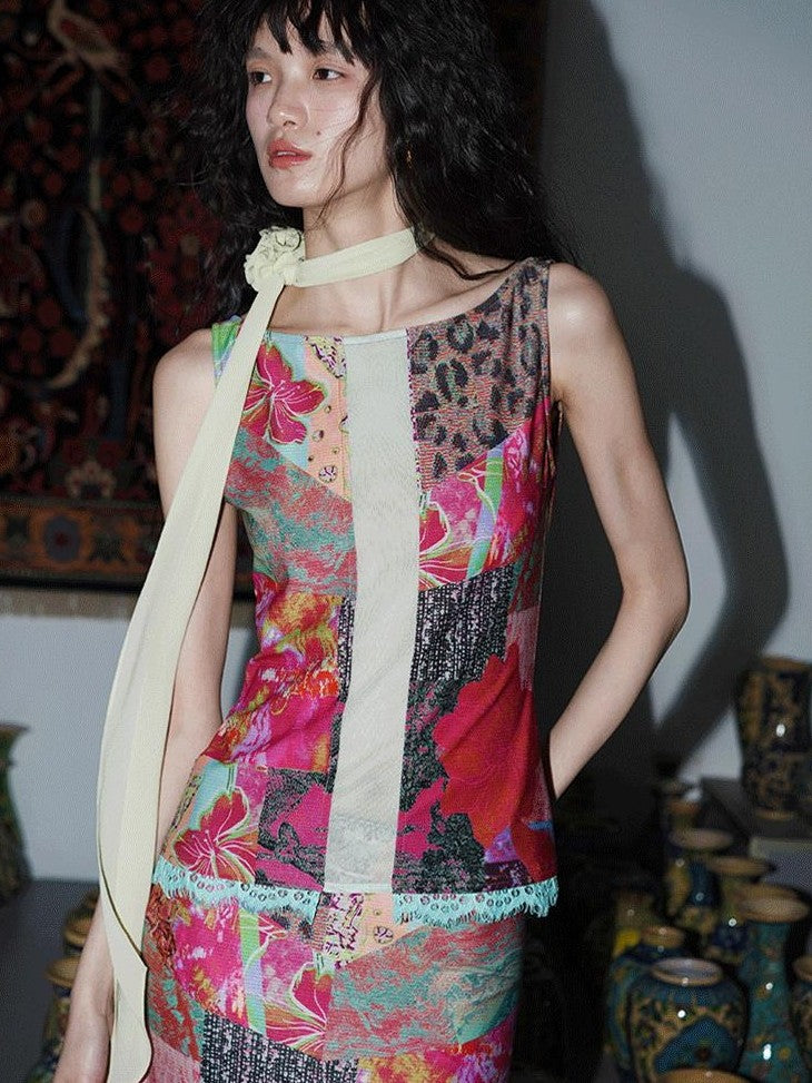 badtaste Printed New Chinese Patchwork Vest Women's Matching Skirt Sets