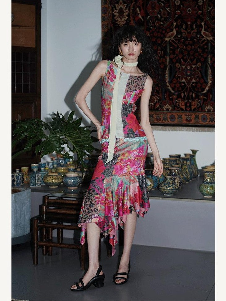 badtaste Printed New Chinese Patchwork Vest Women's Matching Skirt Sets