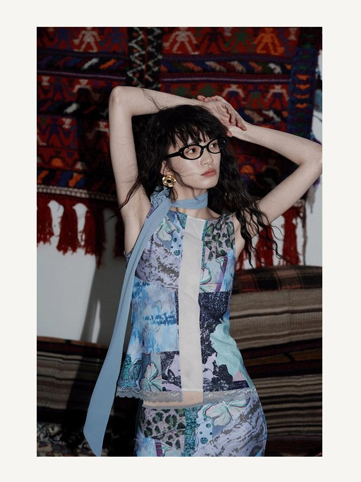 badtaste Printed New Chinese Patchwork Vest Women's Matching Skirt Sets