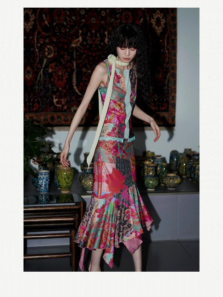 badtaste Printed New Chinese Patchwork Vest Women's Matching Skirt Sets