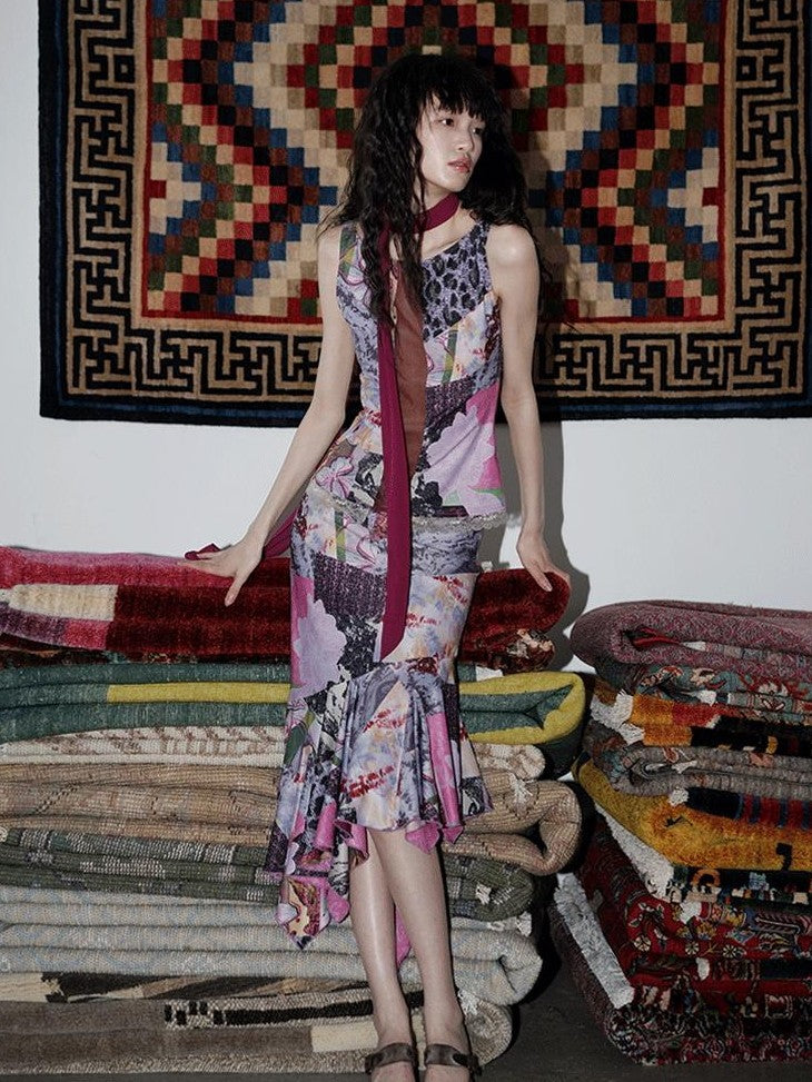 badtaste Printed New Chinese Patchwork Vest Women's Matching Skirt Sets