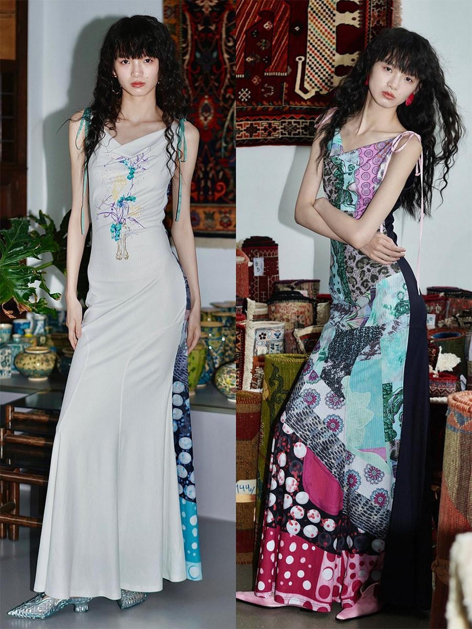 badtaste Printed New Chinese Reversible Sleeveless Slim Women's Slip Maxi Dresses