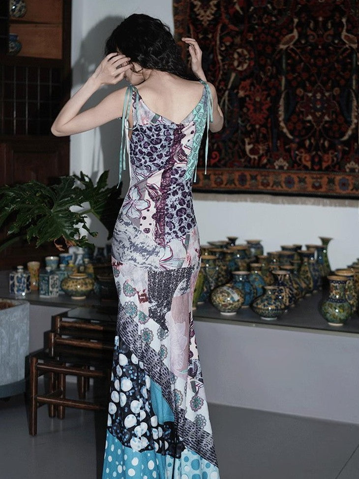 badtaste Printed New Chinese Reversible Sleeveless Slim Women's Slip Maxi Dresses