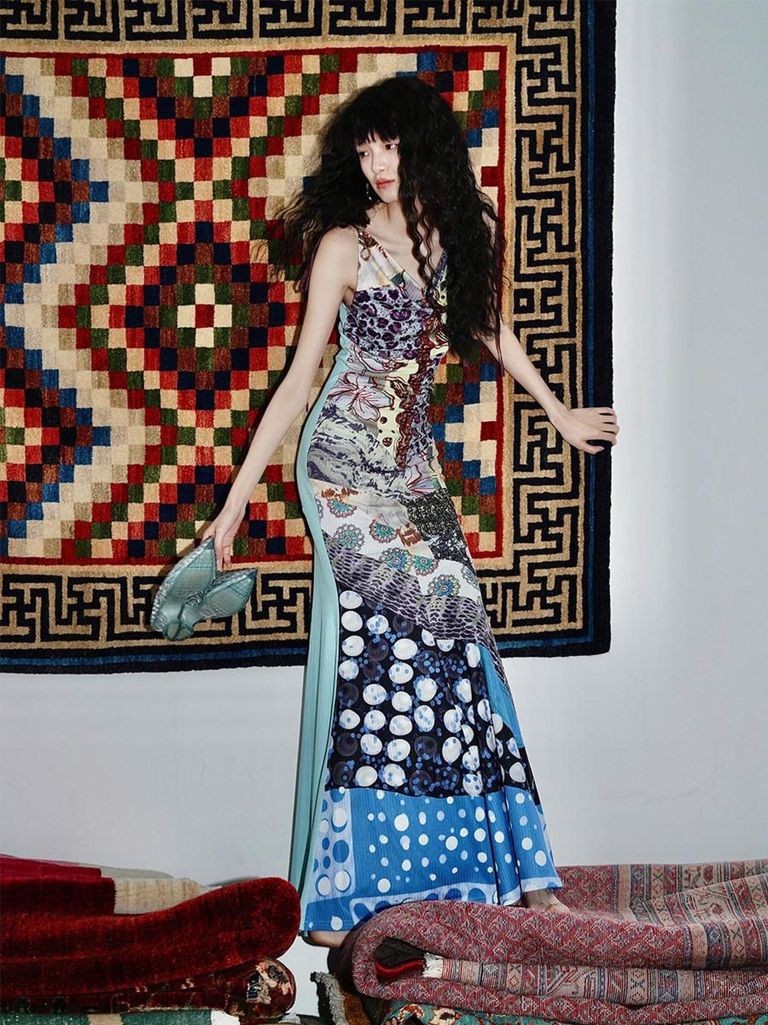 badtaste Printed New Chinese Reversible Sleeveless Slim Women's Slip Maxi Dresses