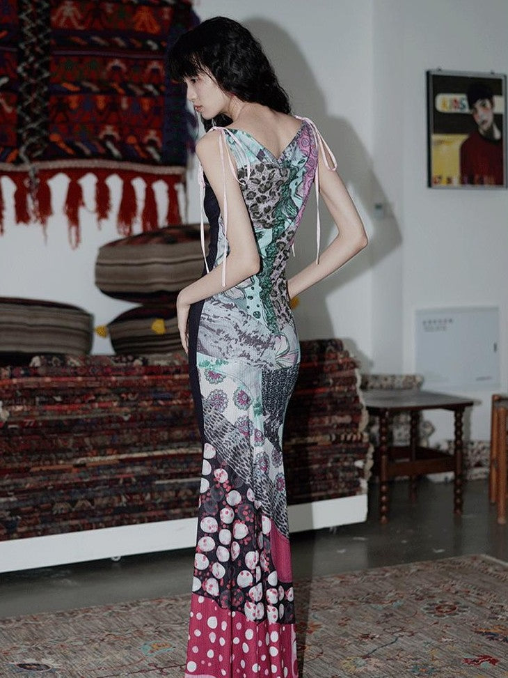 badtaste Printed New Chinese Reversible Sleeveless Slim Women's Slip Maxi Dresses