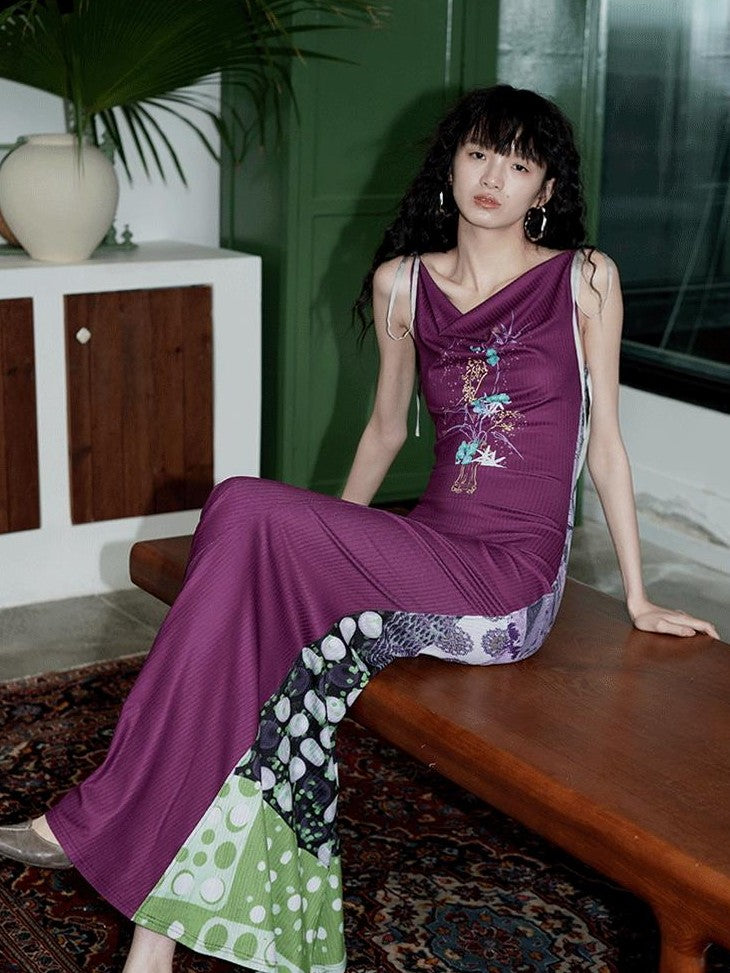 badtaste Printed New Chinese Reversible Sleeveless Slim Women's Slip Maxi Dresses