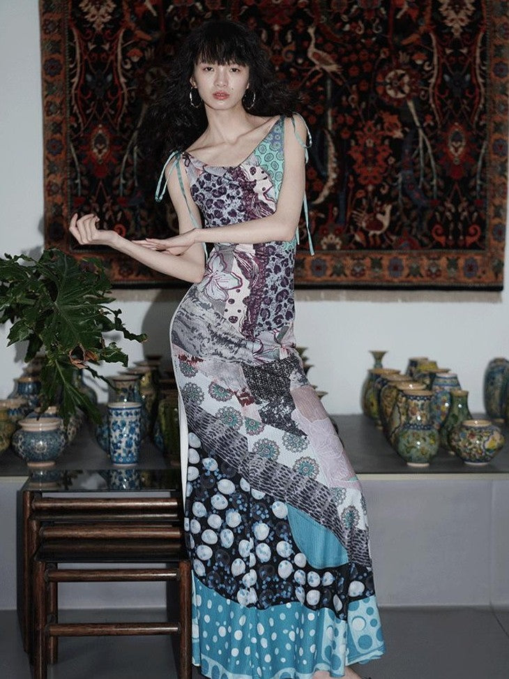 badtaste Printed New Chinese Reversible Sleeveless Slim Women's Slip Maxi Dresses