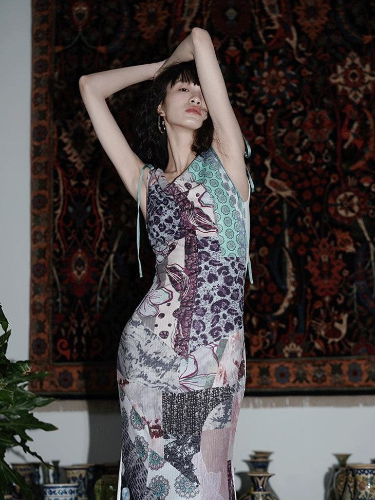 badtaste Printed New Chinese Reversible Sleeveless Slim Women's Slip Maxi Dresses