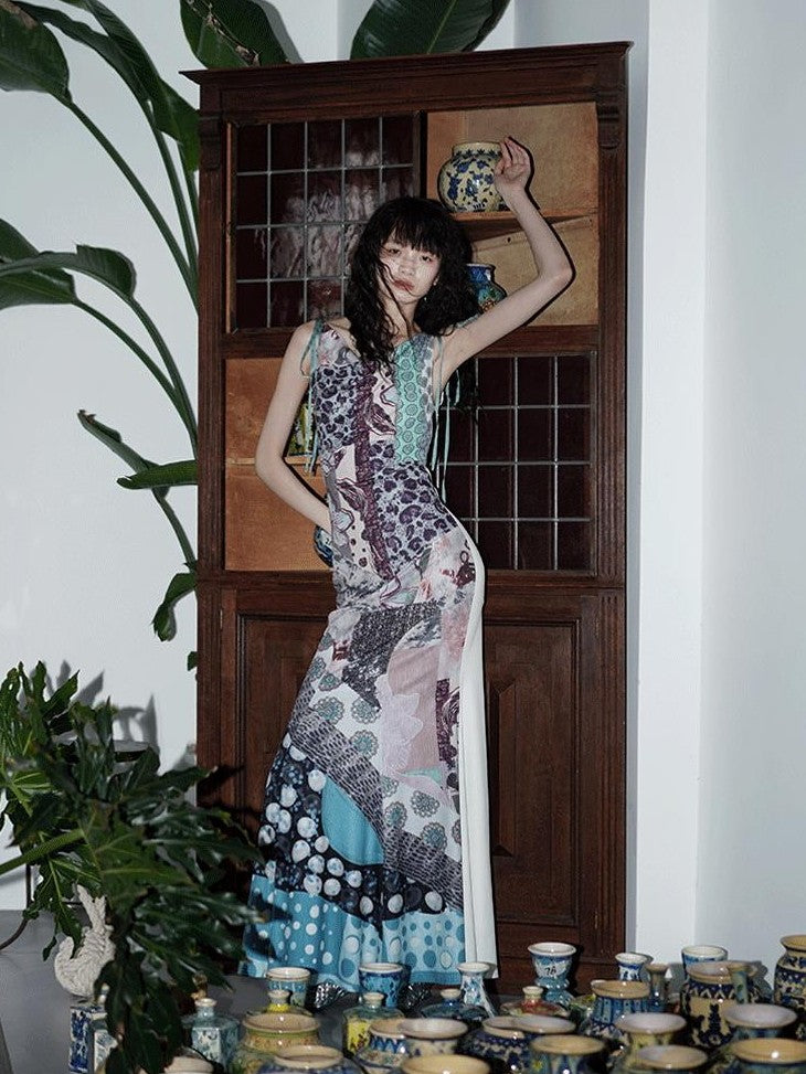 badtaste Printed New Chinese Reversible Sleeveless Slim Women's Slip Maxi Dresses