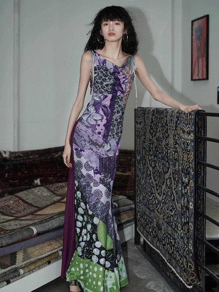 badtaste Printed New Chinese Reversible Sleeveless Slim Women's Slip Maxi Dresses