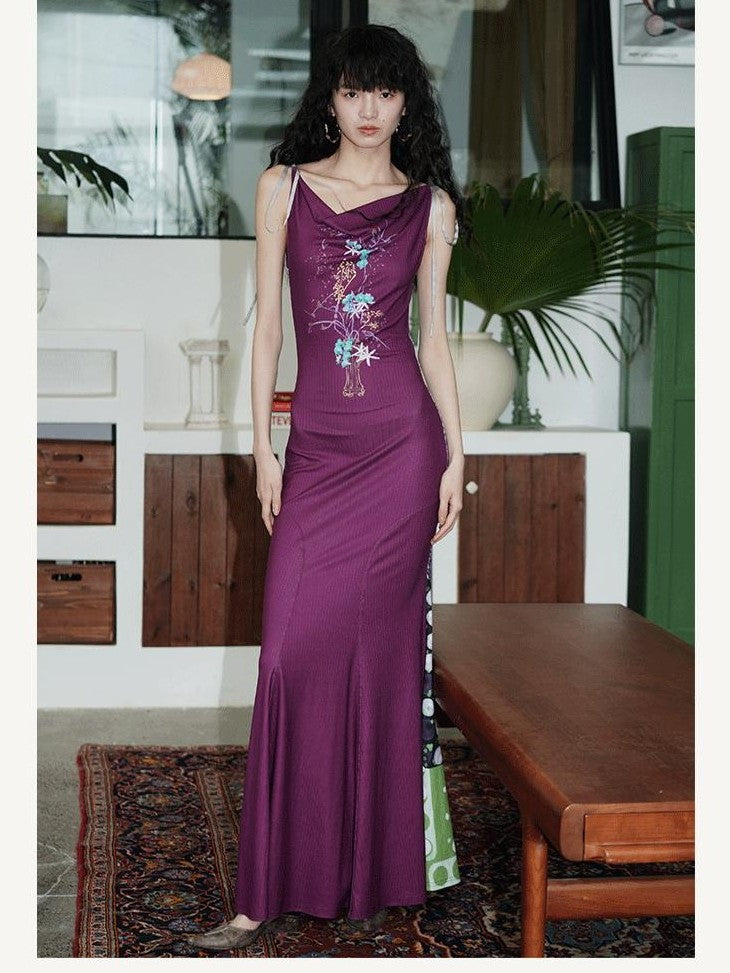 badtaste Printed New Chinese Reversible Sleeveless Slim Women's Slip Maxi Dresses