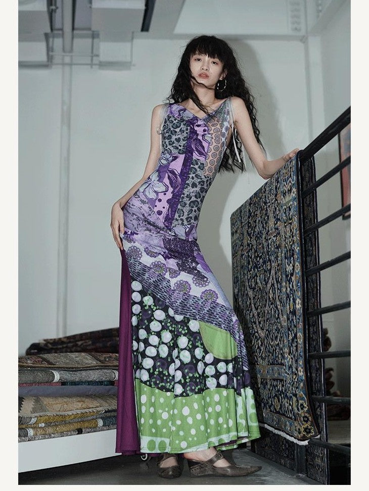 badtaste Printed New Chinese Reversible Sleeveless Slim Women's Slip Maxi Dresses
