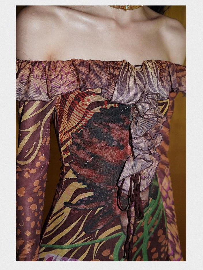 badtaste Printed New Chinese Style Off Shoulder Mermaid Women's Strapless Maxi Dresses