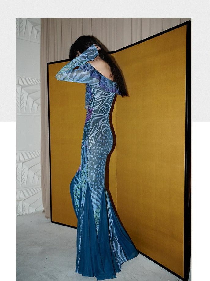 badtaste Printed New Chinese Style Off Shoulder Mermaid Women's Strapless Maxi Dresses