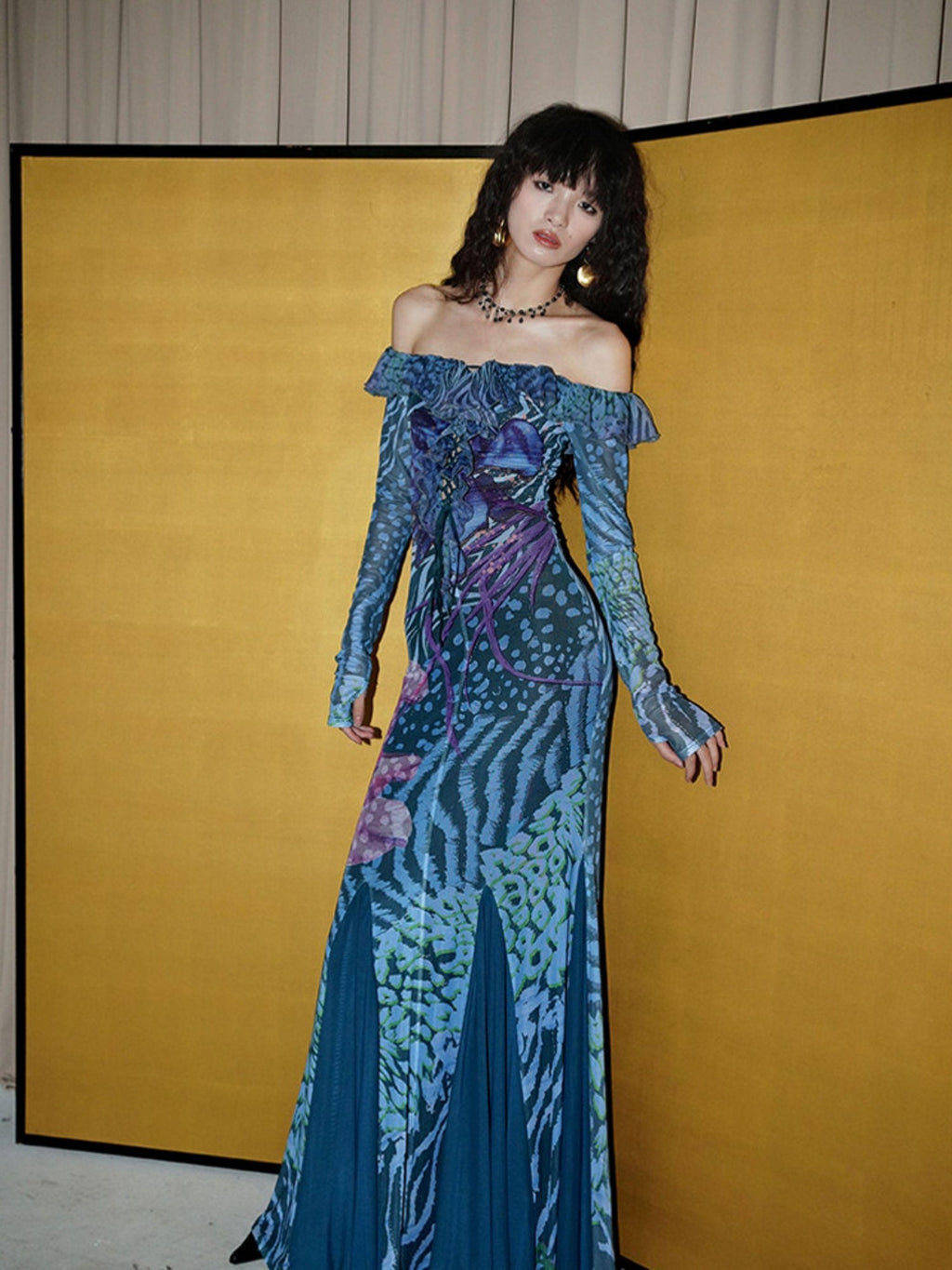 badtaste Printed New Chinese Style Off Shoulder Mermaid Women's Strapless Maxi Dresses
