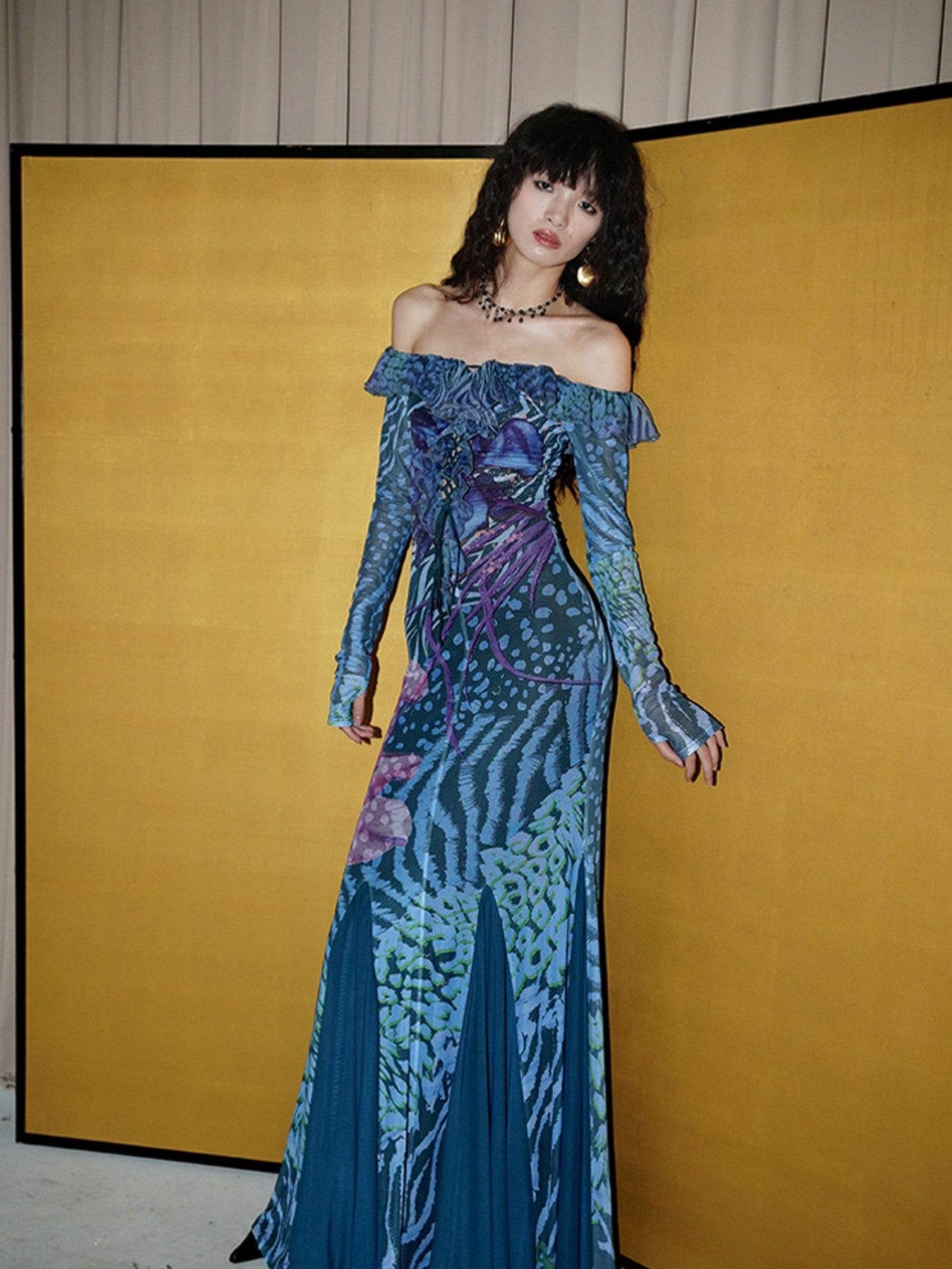 badtaste Printed New Chinese Style Off Shoulder Mermaid Women's Strapless Maxi Dresses