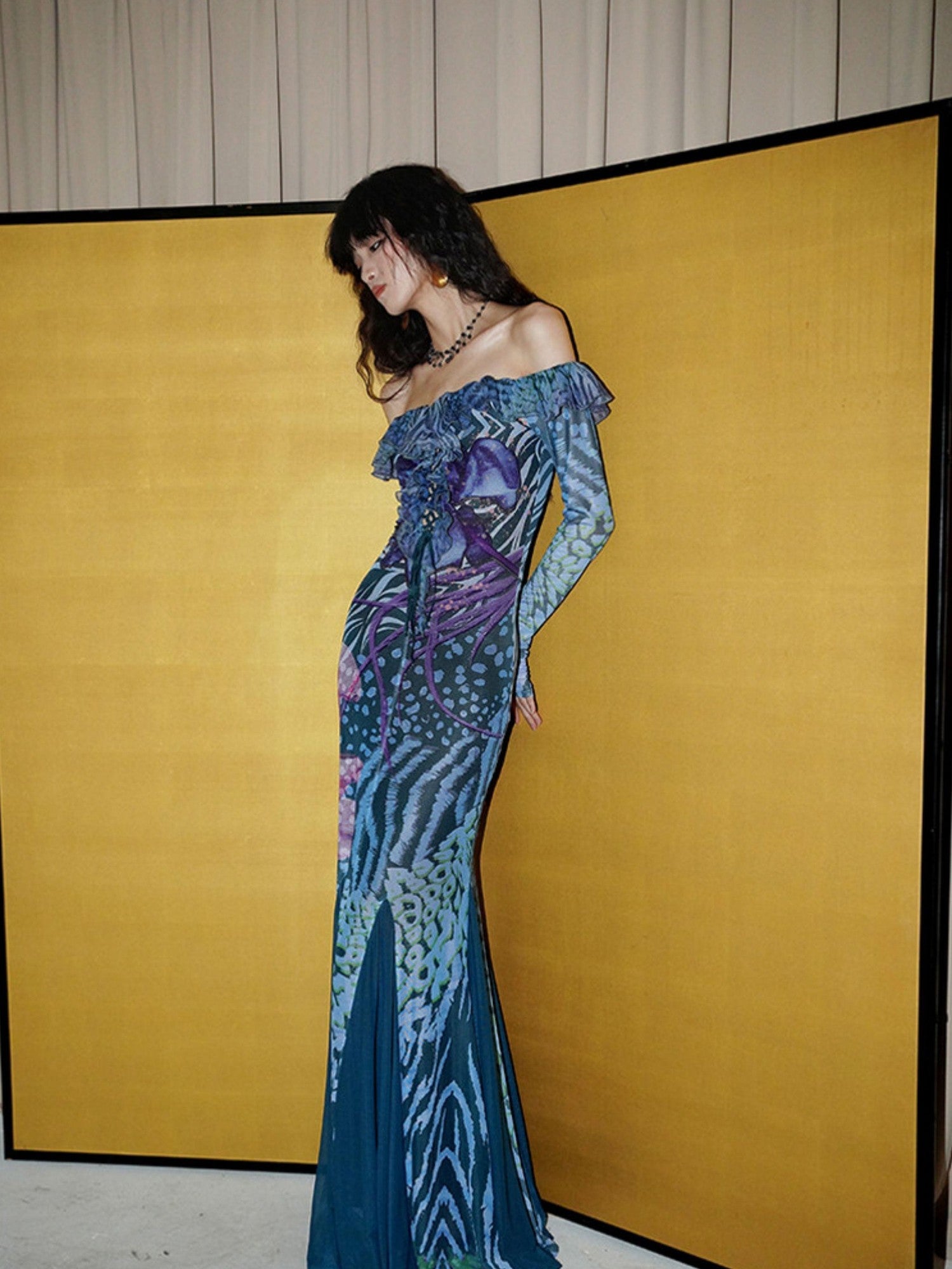 badtaste Printed New Chinese Style Off Shoulder Mermaid Women's Strapless Maxi Dresses