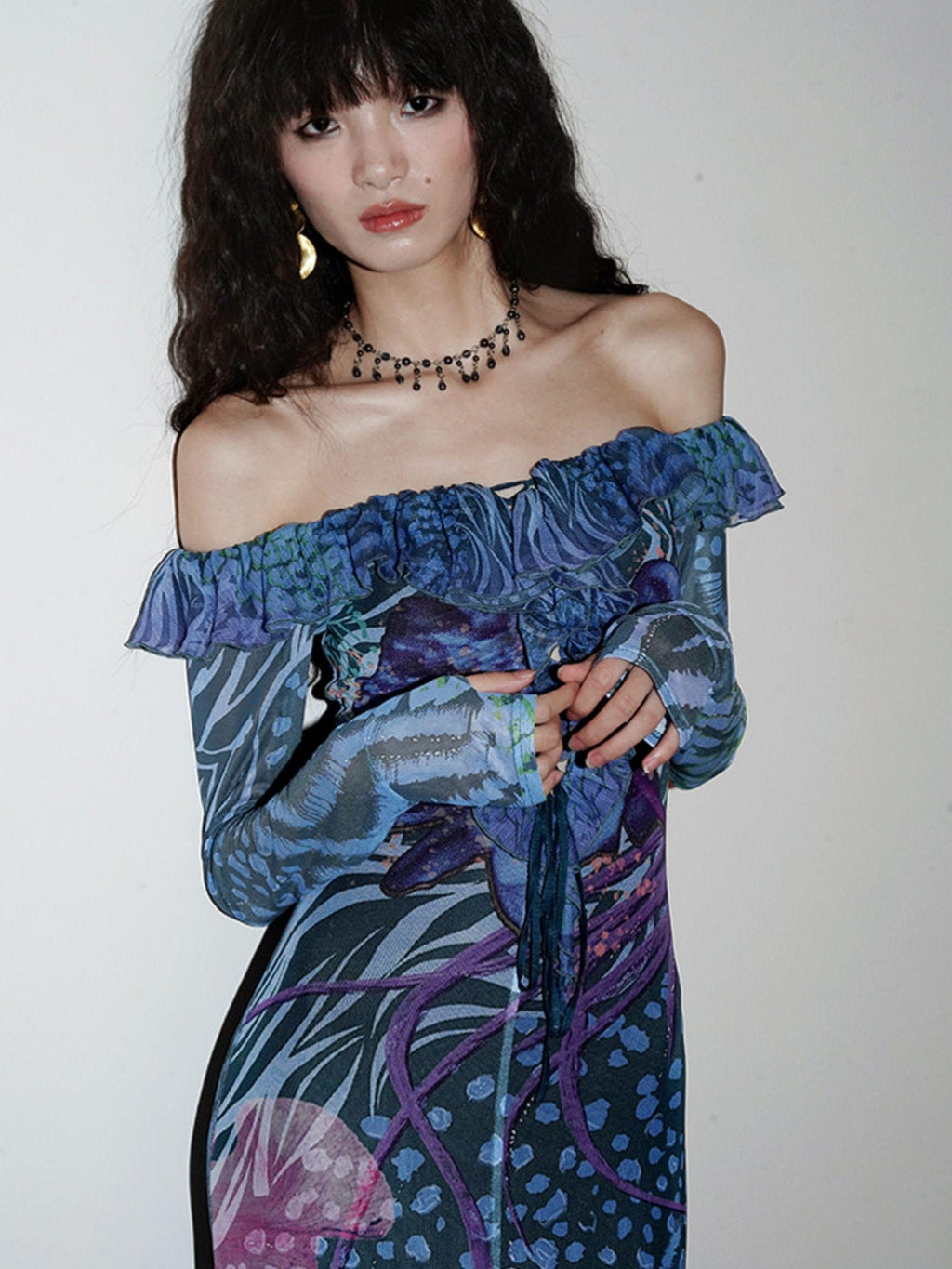 badtaste Printed New Chinese Style Off Shoulder Mermaid Women's Strapless Maxi Dresses