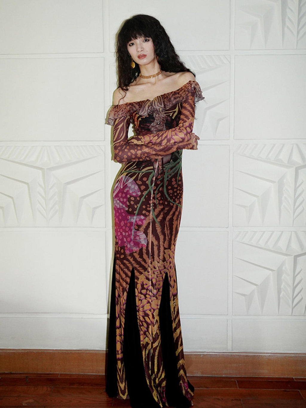 badtaste Printed New Chinese Style Off Shoulder Mermaid Women's Strapless Maxi Dresses