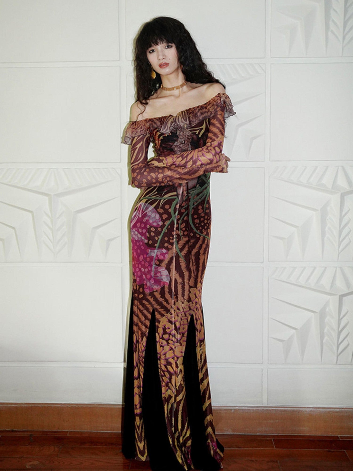 badtaste Printed New Chinese Style Off Shoulder Mermaid Women's Strapless Maxi Dresses