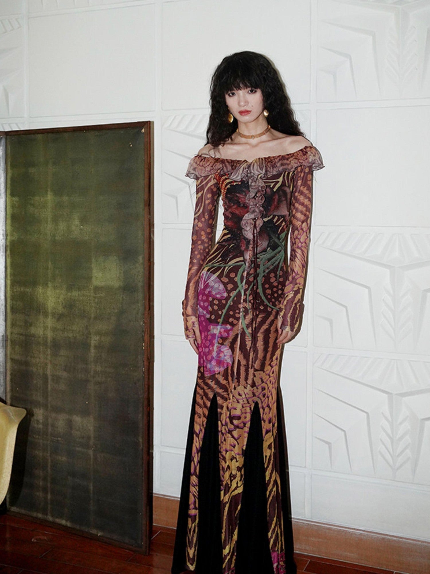 badtaste Printed New Chinese Style Off Shoulder Mermaid Women's Strapless Maxi Dresses