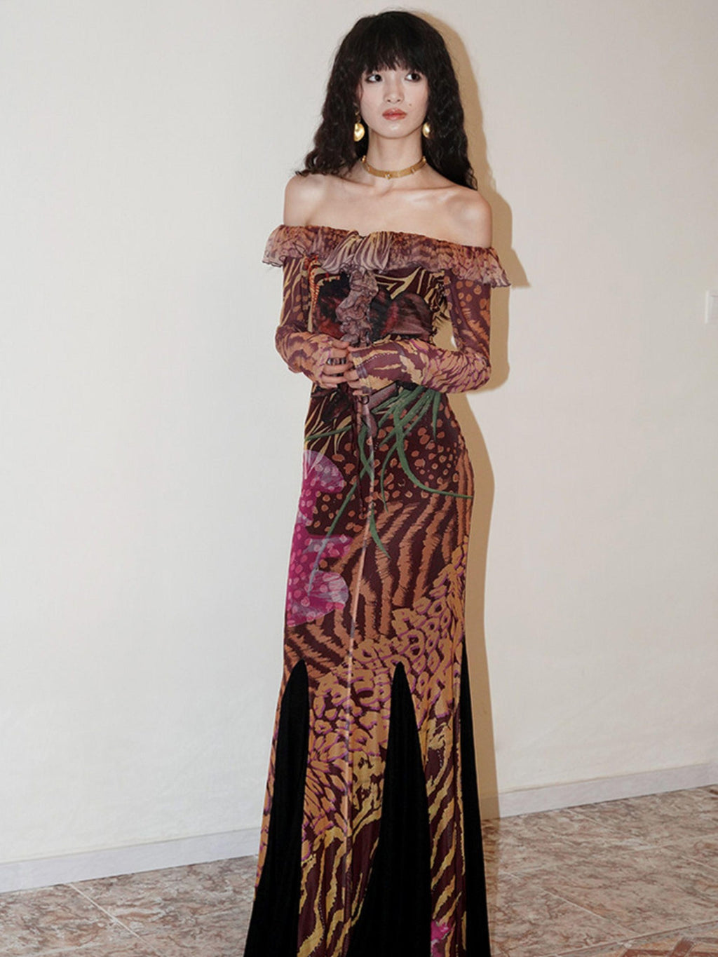 badtaste Printed New Chinese Style Off Shoulder Mermaid Women's Strapless Maxi Dresses