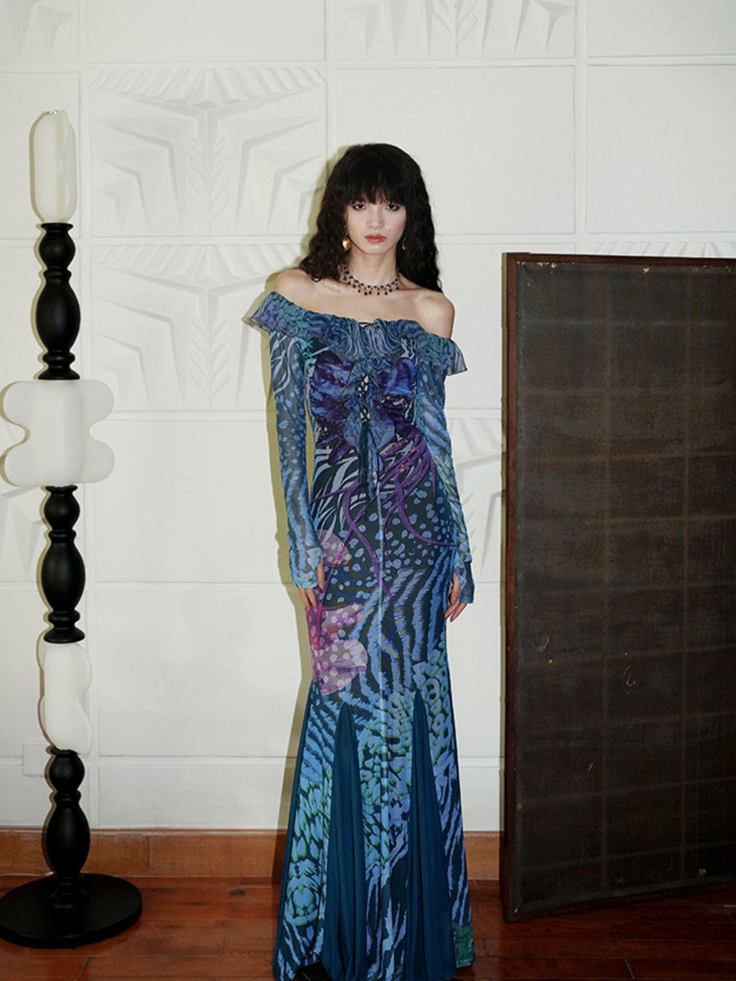badtaste Printed New Chinese Style Off Shoulder Mermaid Women's Strapless Maxi Dresses