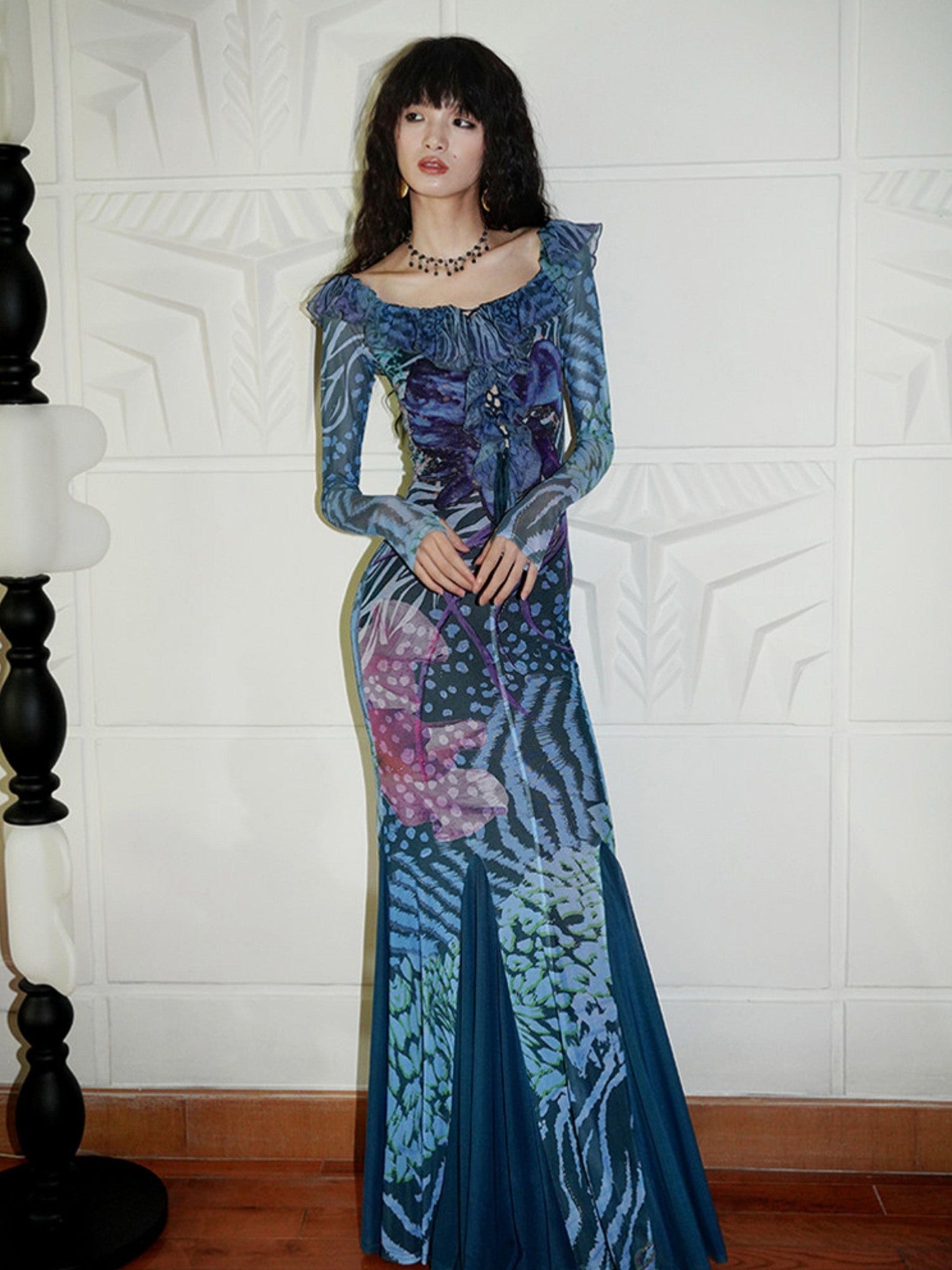badtaste Printed New Chinese Style Off Shoulder Mermaid Women's Strapless Maxi Dresses