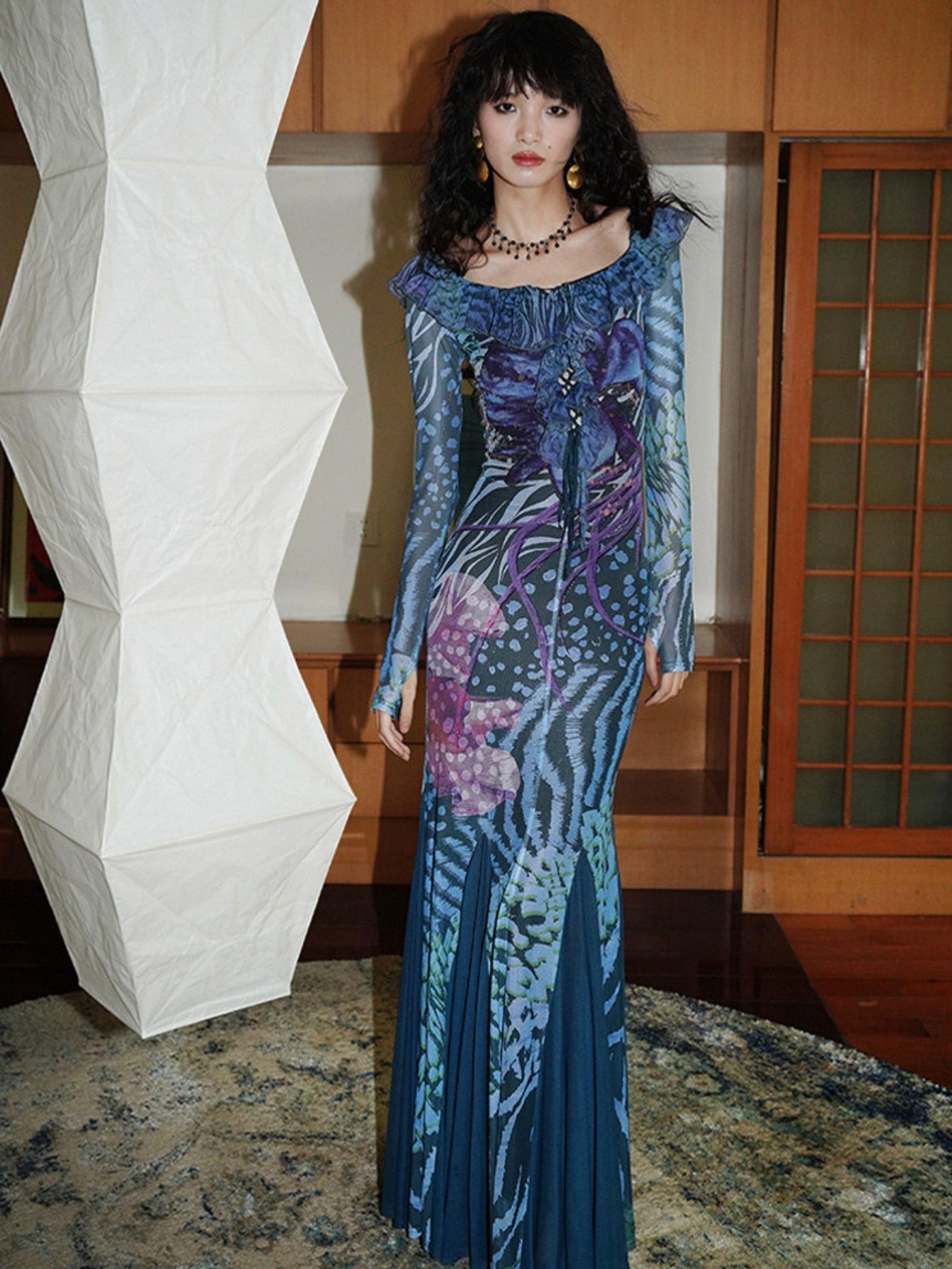 badtaste Printed New Chinese Style Off Shoulder Mermaid Women's Strapless Maxi Dresses