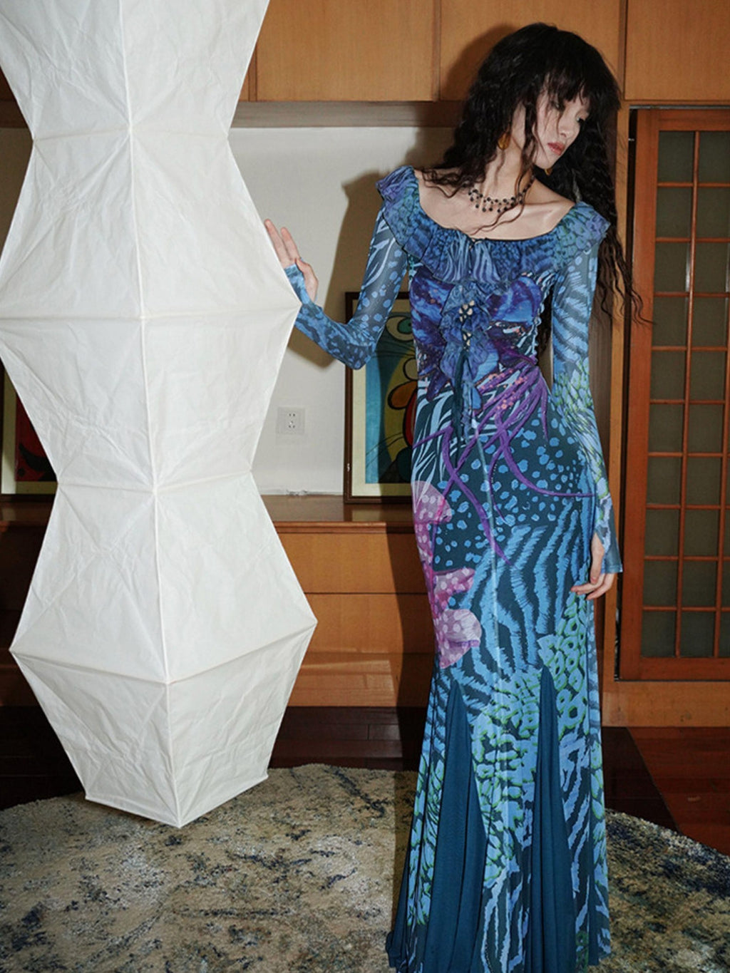 badtaste Printed New Chinese Style Off Shoulder Mermaid Women's Strapless Maxi Dresses