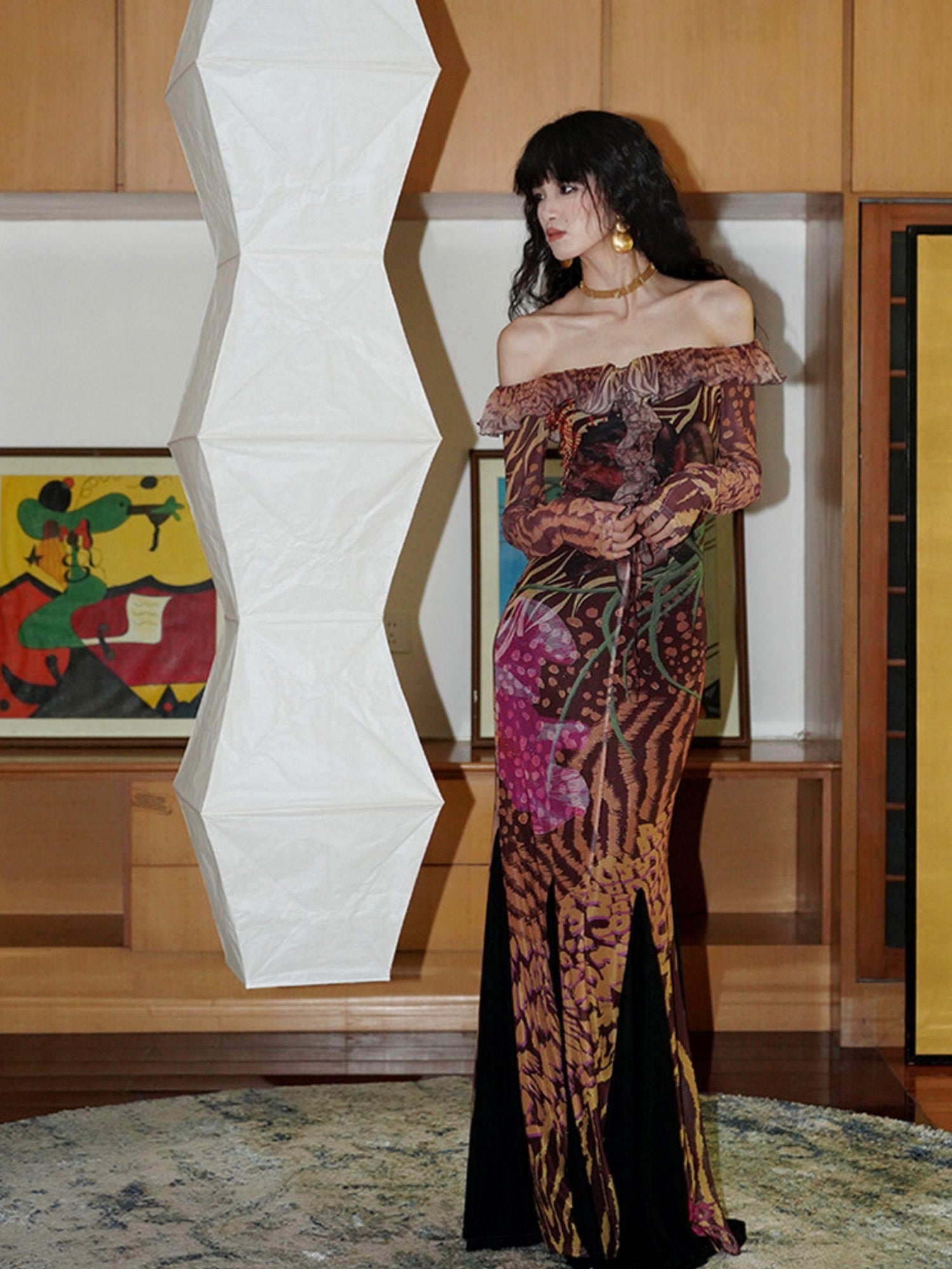 badtaste Printed New Chinese Style Off Shoulder Mermaid Women's Strapless Maxi Dresses