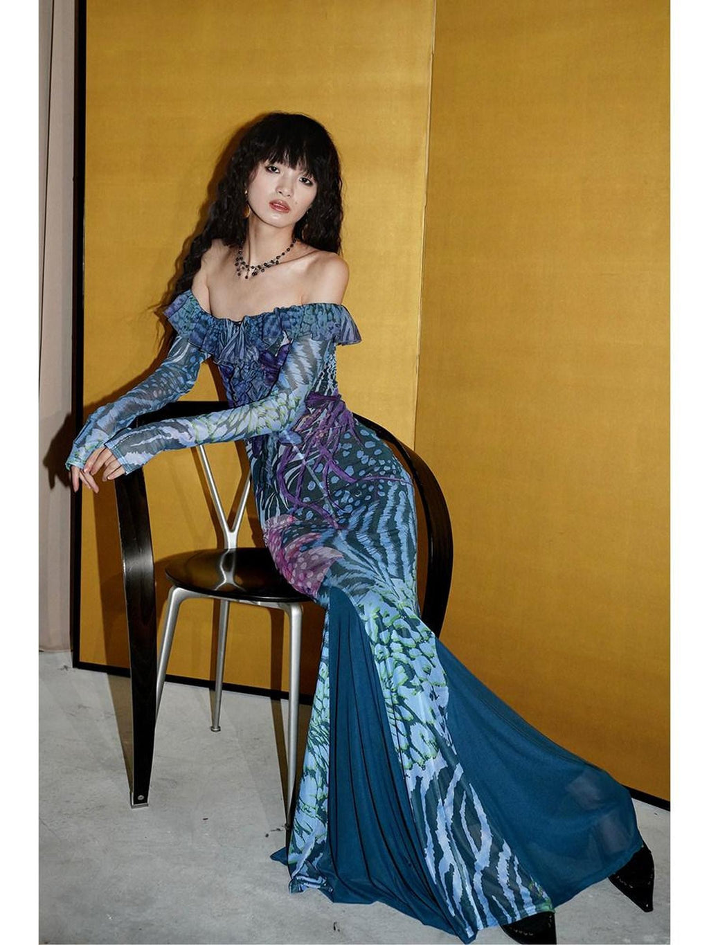 badtaste Printed New Chinese Style Off Shoulder Mermaid Women's Strapless Maxi Dresses