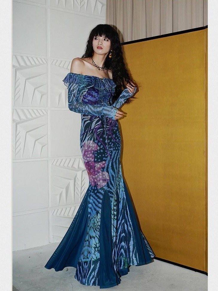 badtaste Printed New Chinese Style Off Shoulder Mermaid Women's Strapless Maxi Dresses