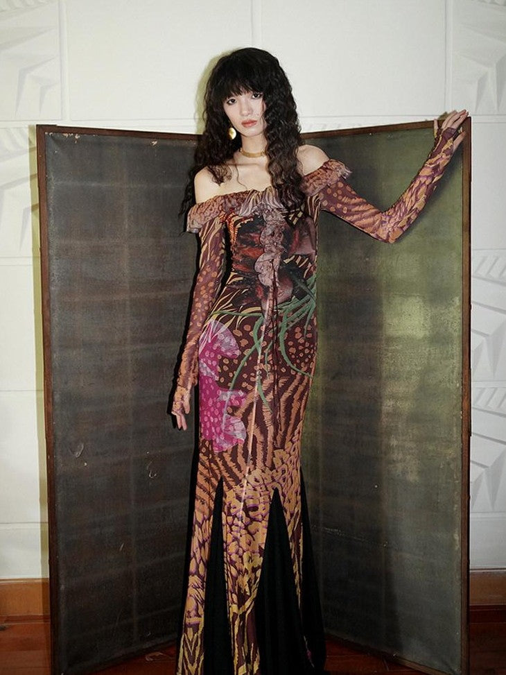 badtaste Printed New Chinese Style Off Shoulder Mermaid Women's Strapless Maxi Dresses