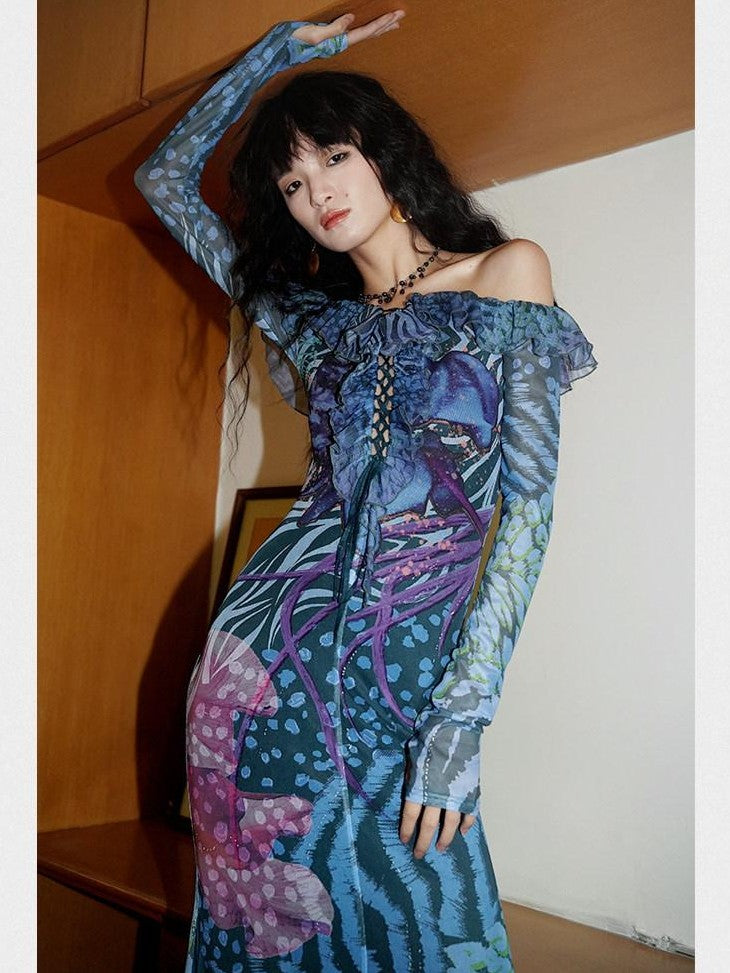 badtaste Printed New Chinese Style Off Shoulder Mermaid Women's Strapless Maxi Dresses