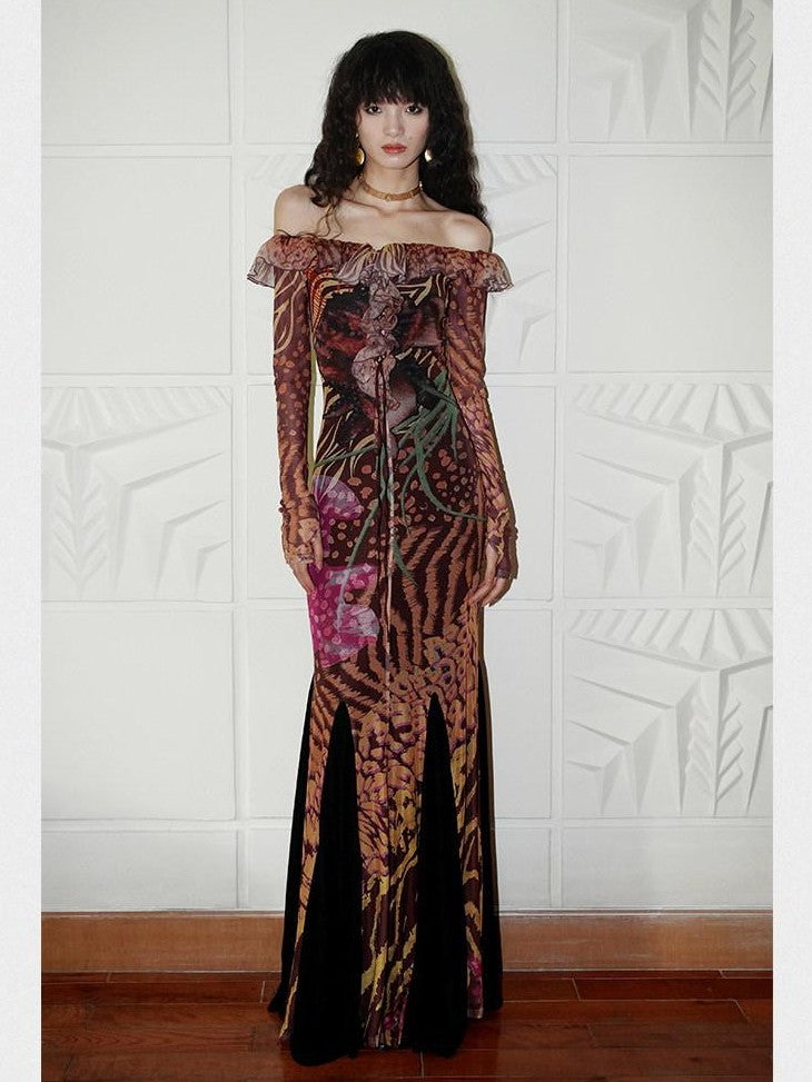 badtaste Printed New Chinese Style Off Shoulder Mermaid Women's Strapless Maxi Dresses