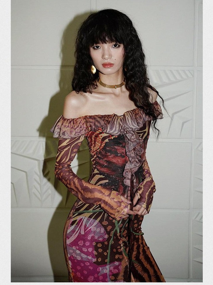 badtaste Printed New Chinese Style Off Shoulder Mermaid Women's Strapless Maxi Dresses