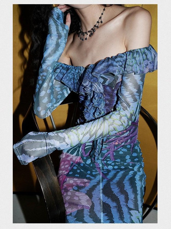 badtaste Printed New Chinese Style Off Shoulder Mermaid Women's Strapless Maxi Dresses