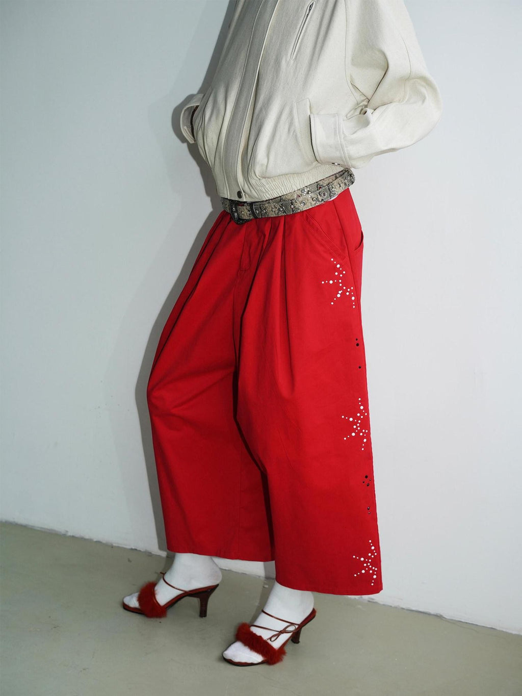 badtaste Red And Beige Rhinestone Solid Low Waist Women's Other Fabric Wide-leg Pants