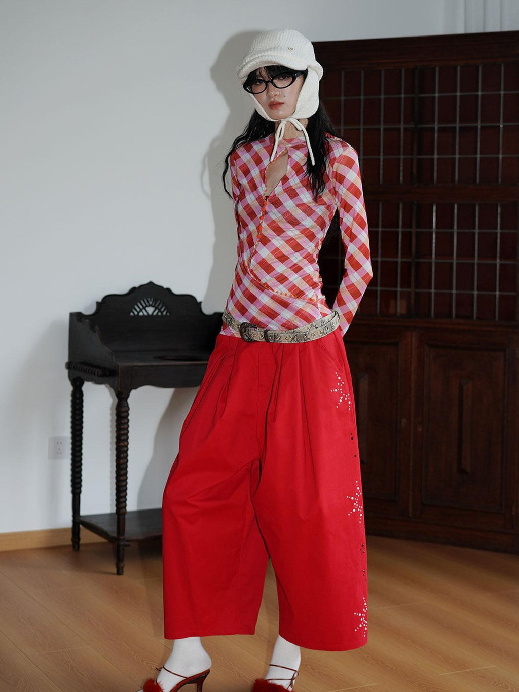 badtaste Red And Beige Rhinestone Solid Low Waist Women's Other Fabric Wide-leg Pants