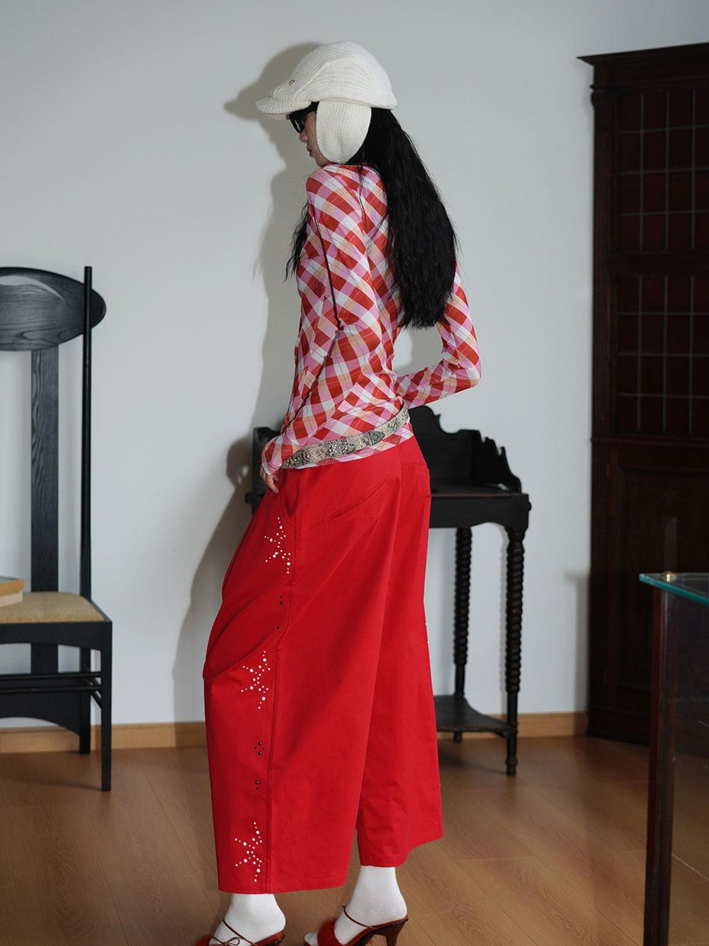 badtaste Red And Beige Rhinestone Solid Low Waist Women's Other Fabric Wide-leg Pants