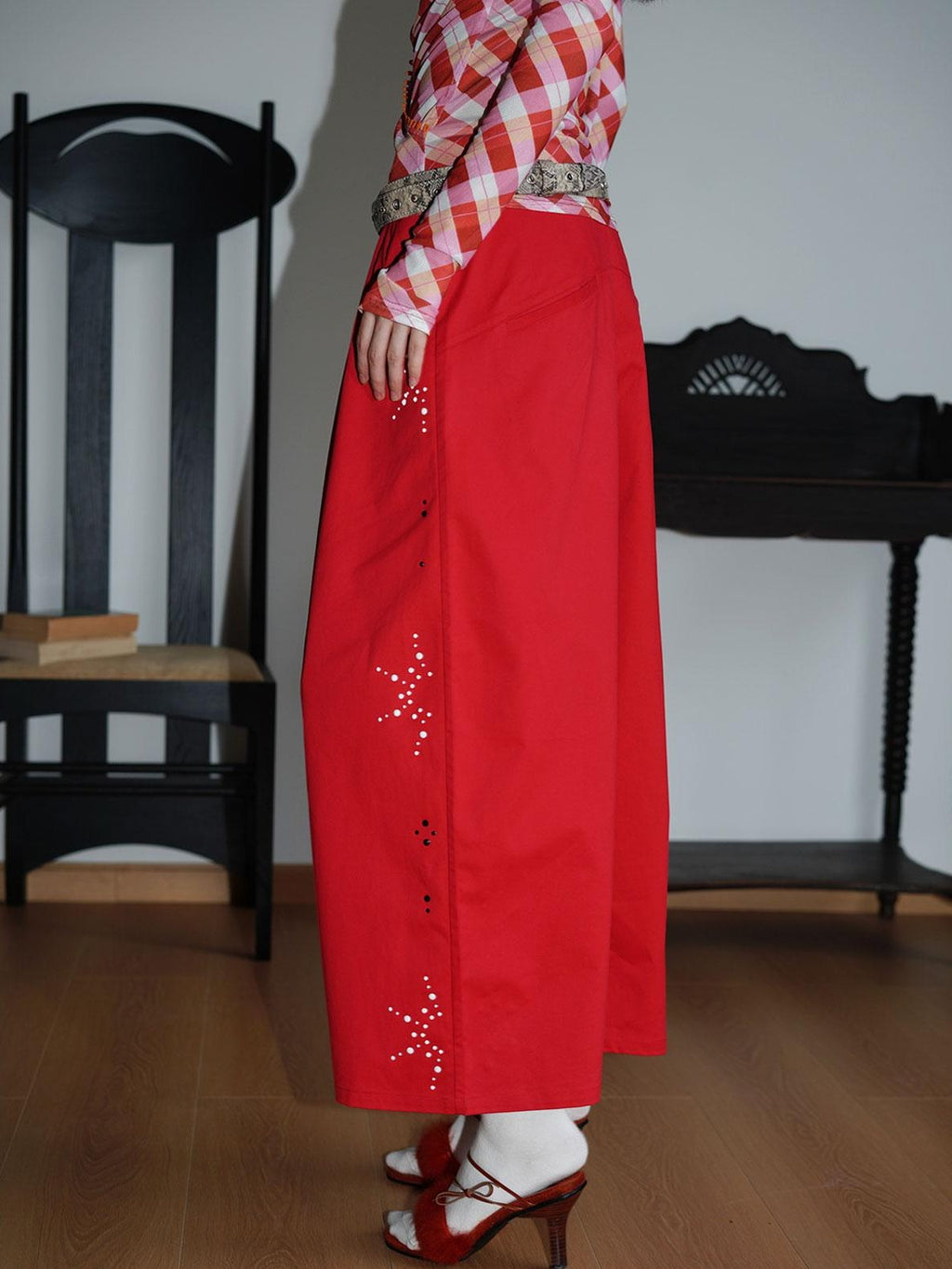 badtaste Red And Beige Rhinestone Solid Low Waist Women's Other Fabric Wide-leg Pants