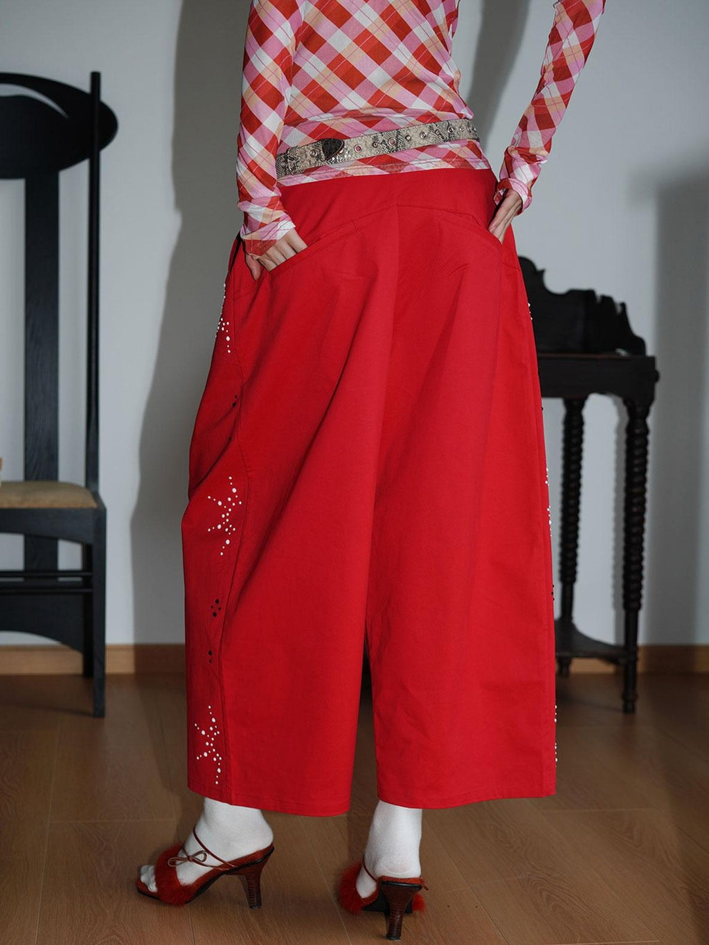 badtaste Red And Beige Rhinestone Solid Low Waist Women's Other Fabric Wide-leg Pants