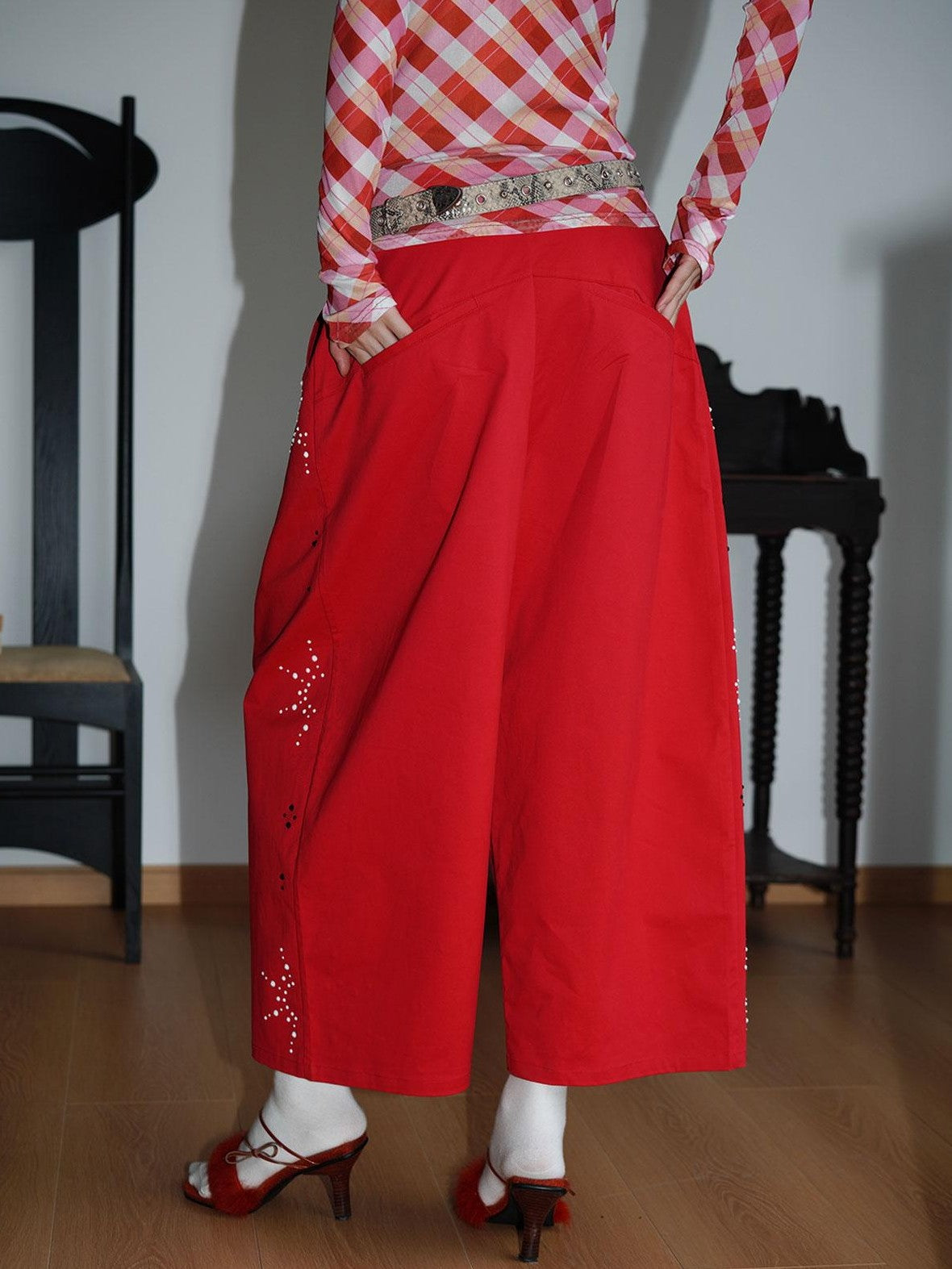 badtaste Red And Beige Rhinestone Solid Low Waist Women's Other Fabric Wide-leg Pants